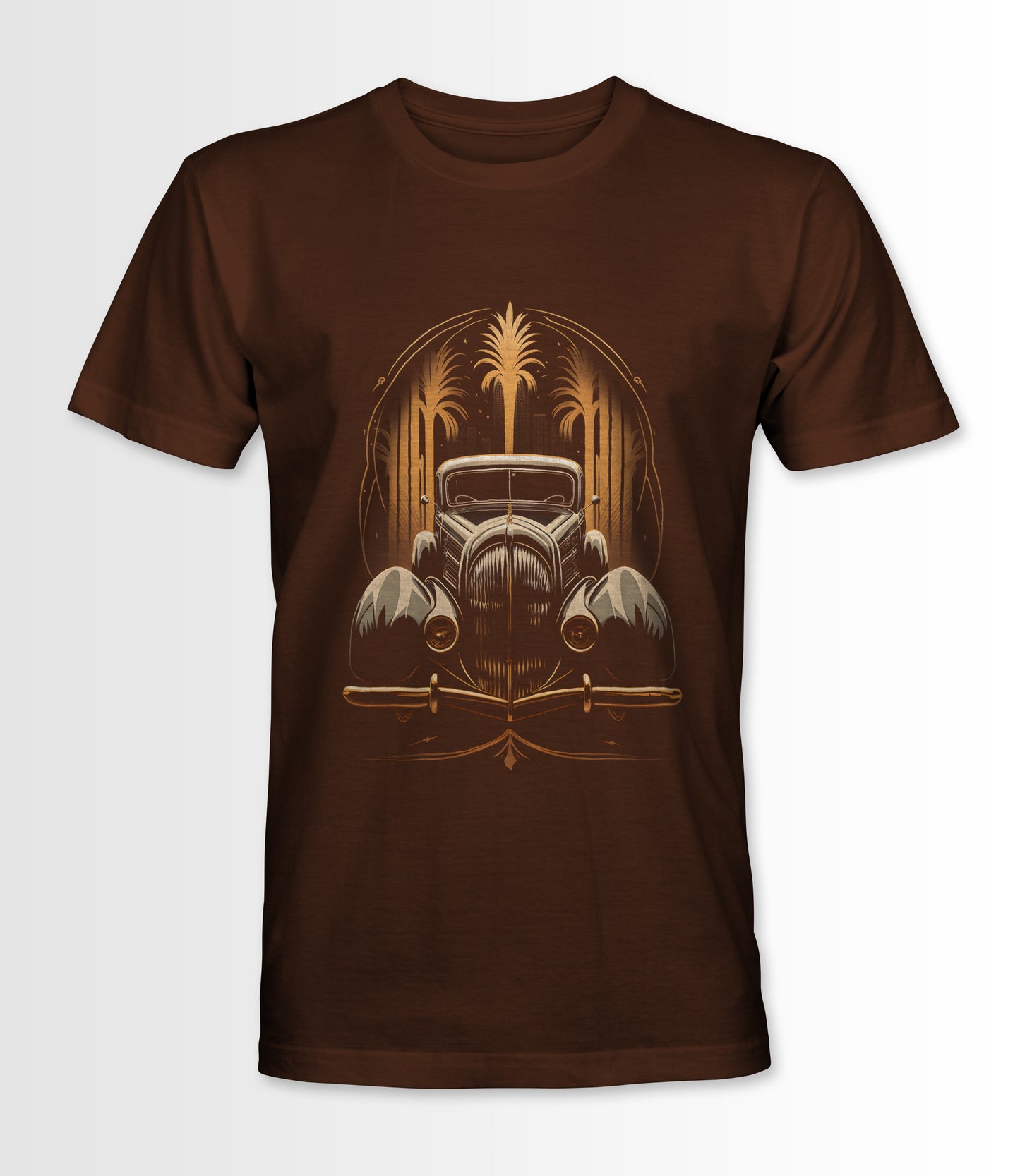 Brown t-shirt featuring an Art Deco style vintage car design.