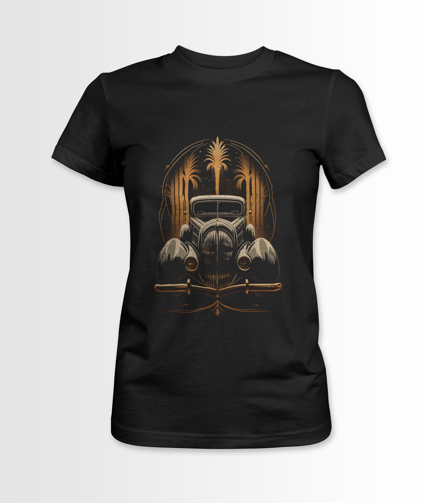 Black women's t-shirt featuring an Art Deco style vintage car design.