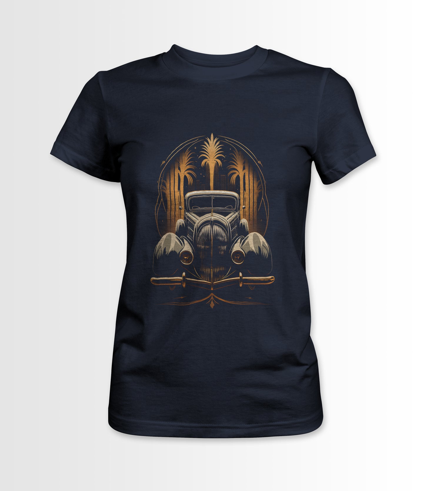 Navy women's t-shirt featuring an Art Deco style vintage car design.