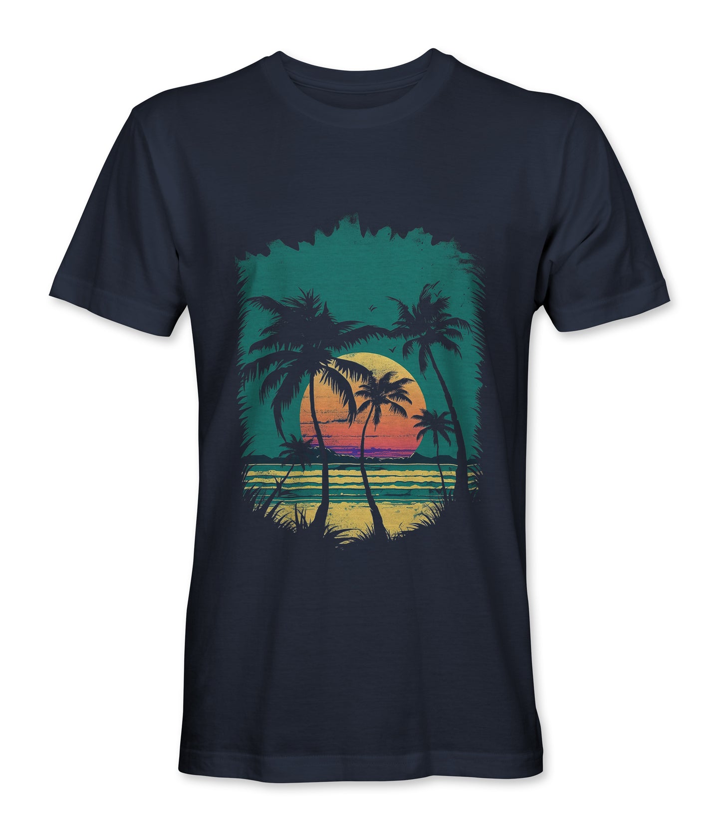 Navy t-shirt featuring a retro beach sunset design