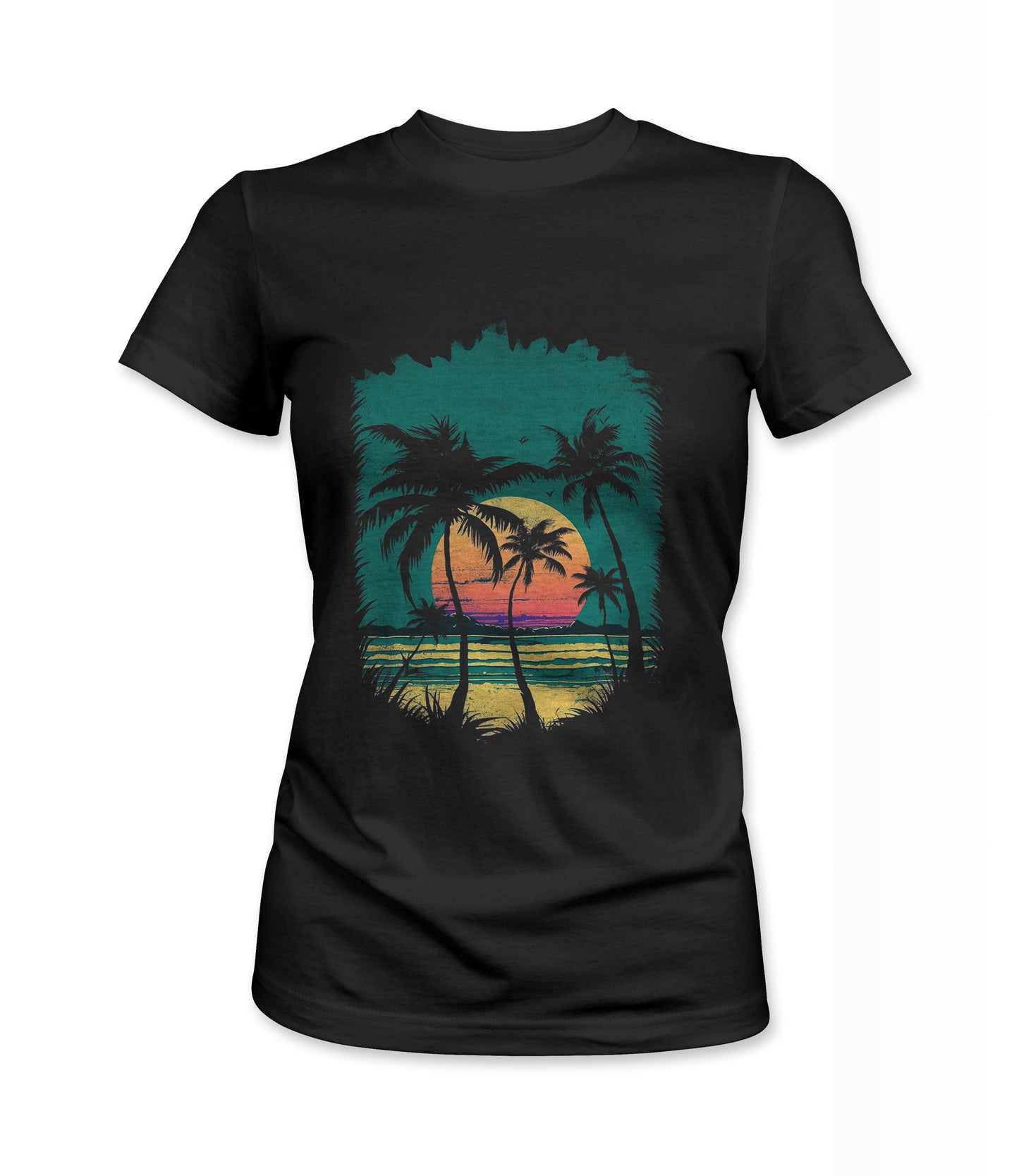 Black Women's t-shirt featuring a retro beach sunset design