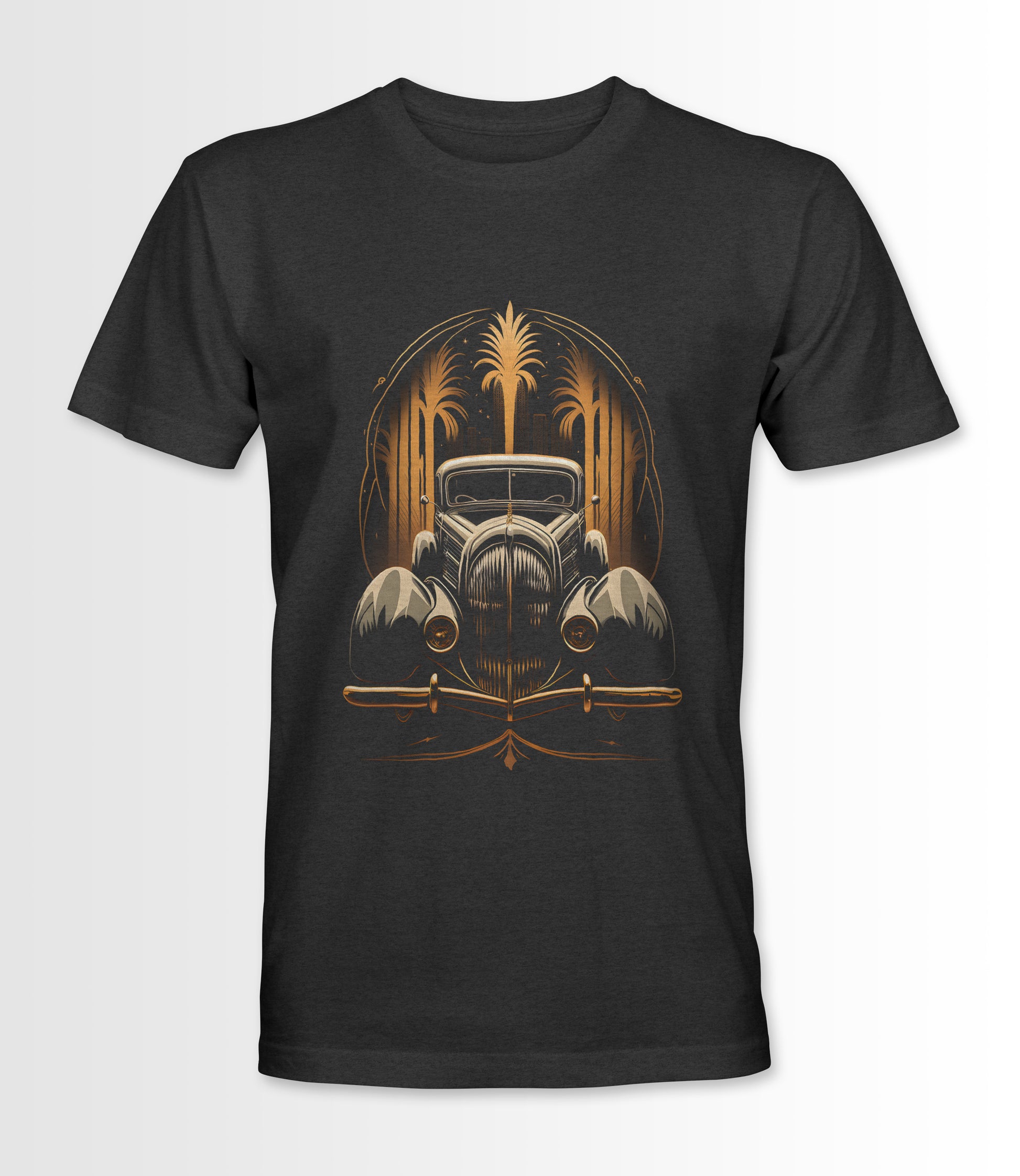 Dark Grey t-shirt featuring an Art Deco style vintage car design.