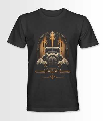 Dark Grey t-shirt featuring an Art Deco style vintage car design.