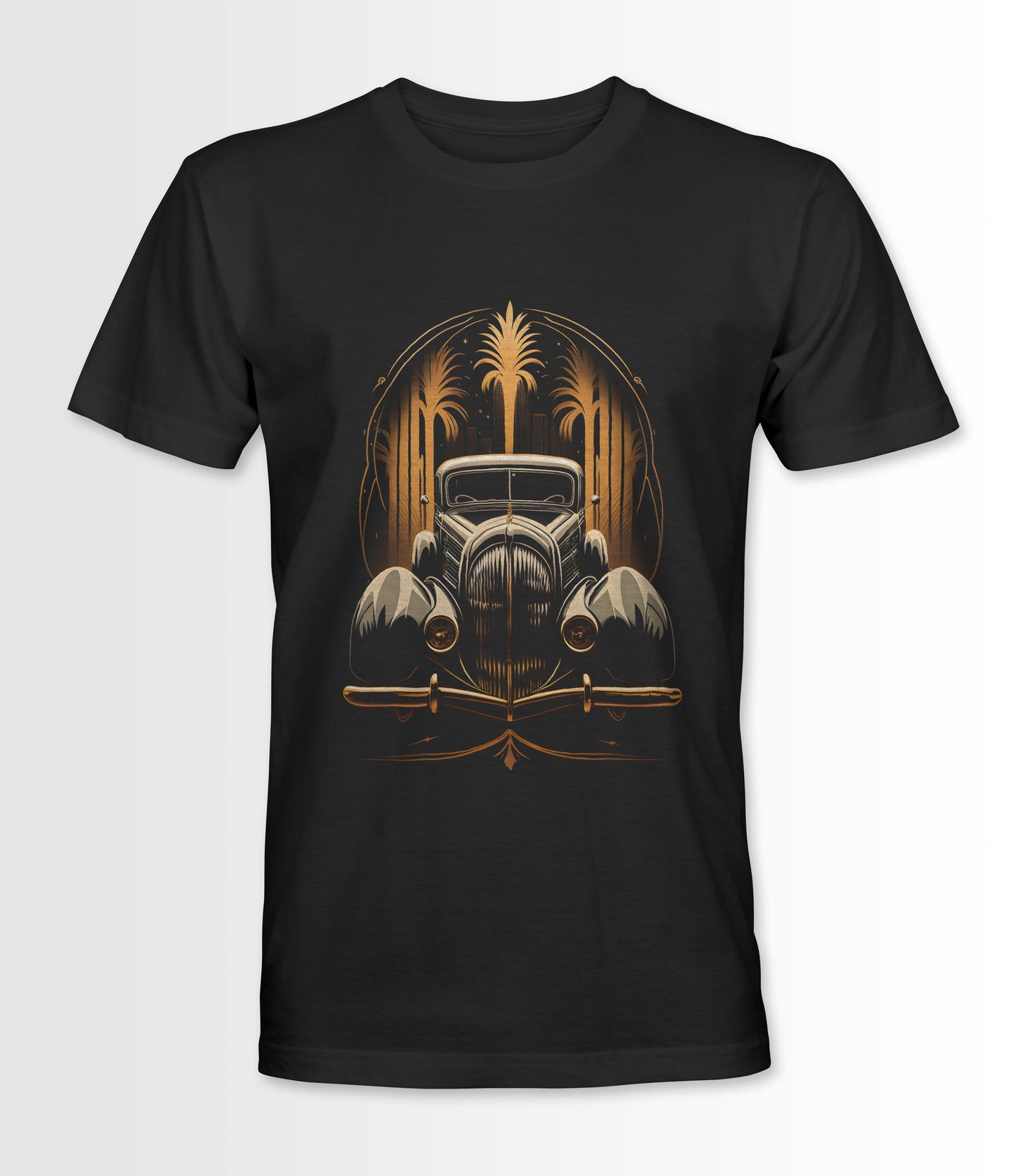 Black t-shirt featuring an Art Deco style vintage car design.