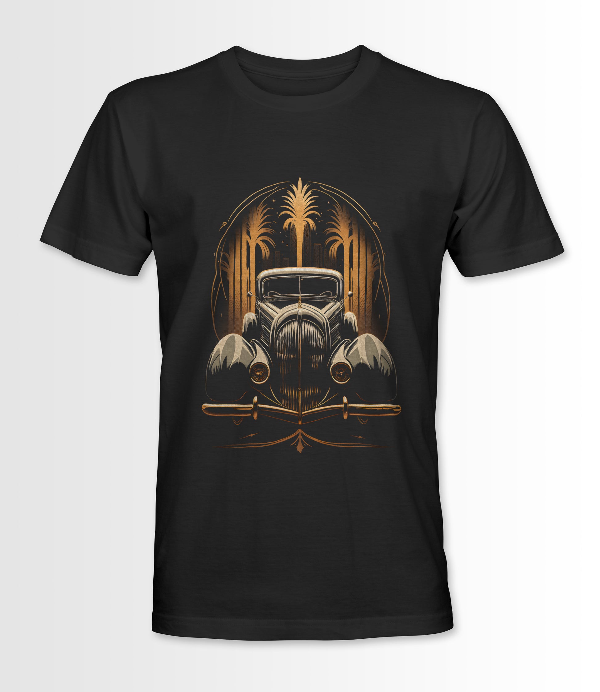 Black t-shirt featuring an Art Deco style vintage car design.