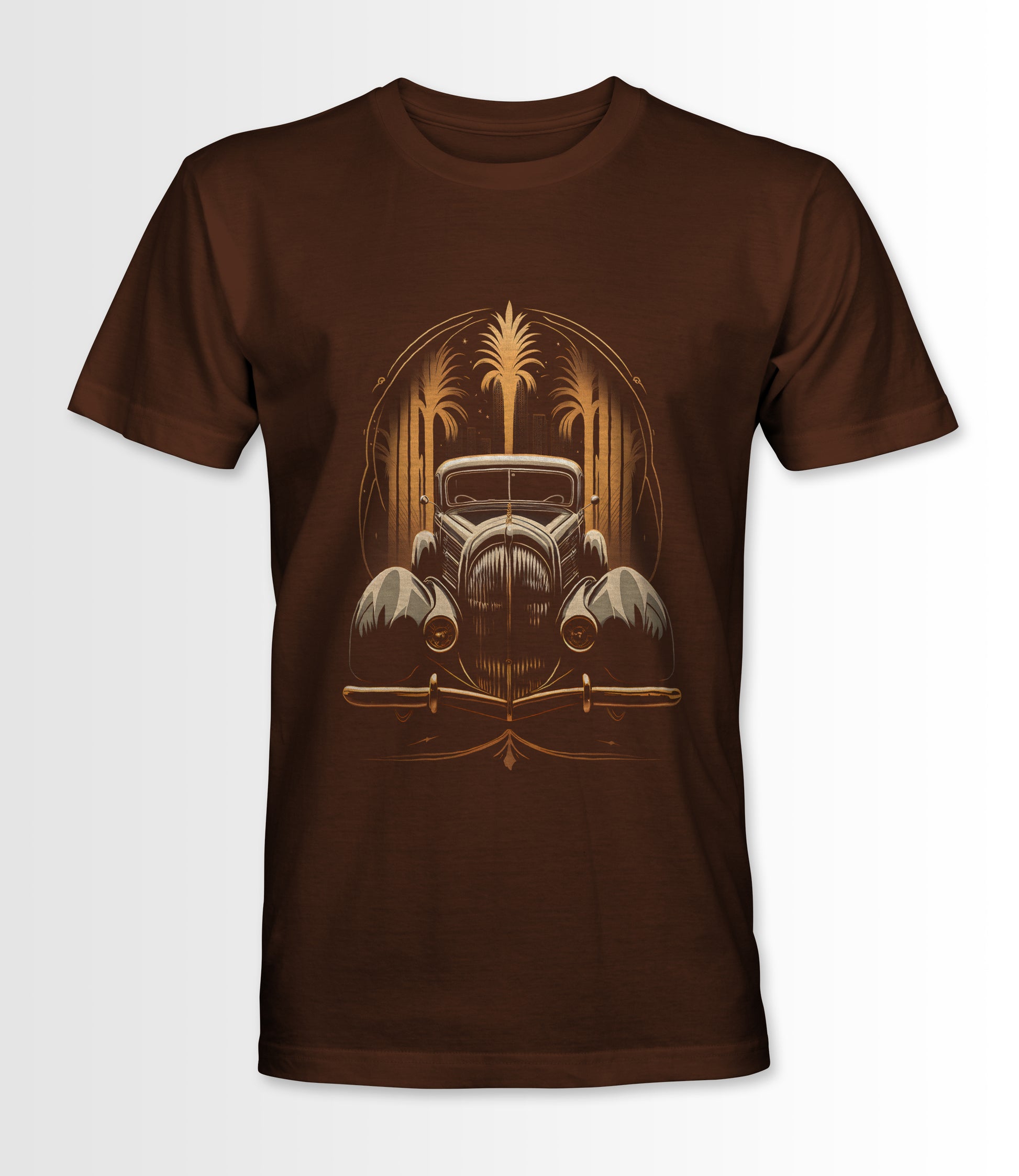 Brown t-shirt featuring an Art Deco style vintage car design.