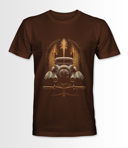 Brown t-shirt featuring an Art Deco style vintage car design.