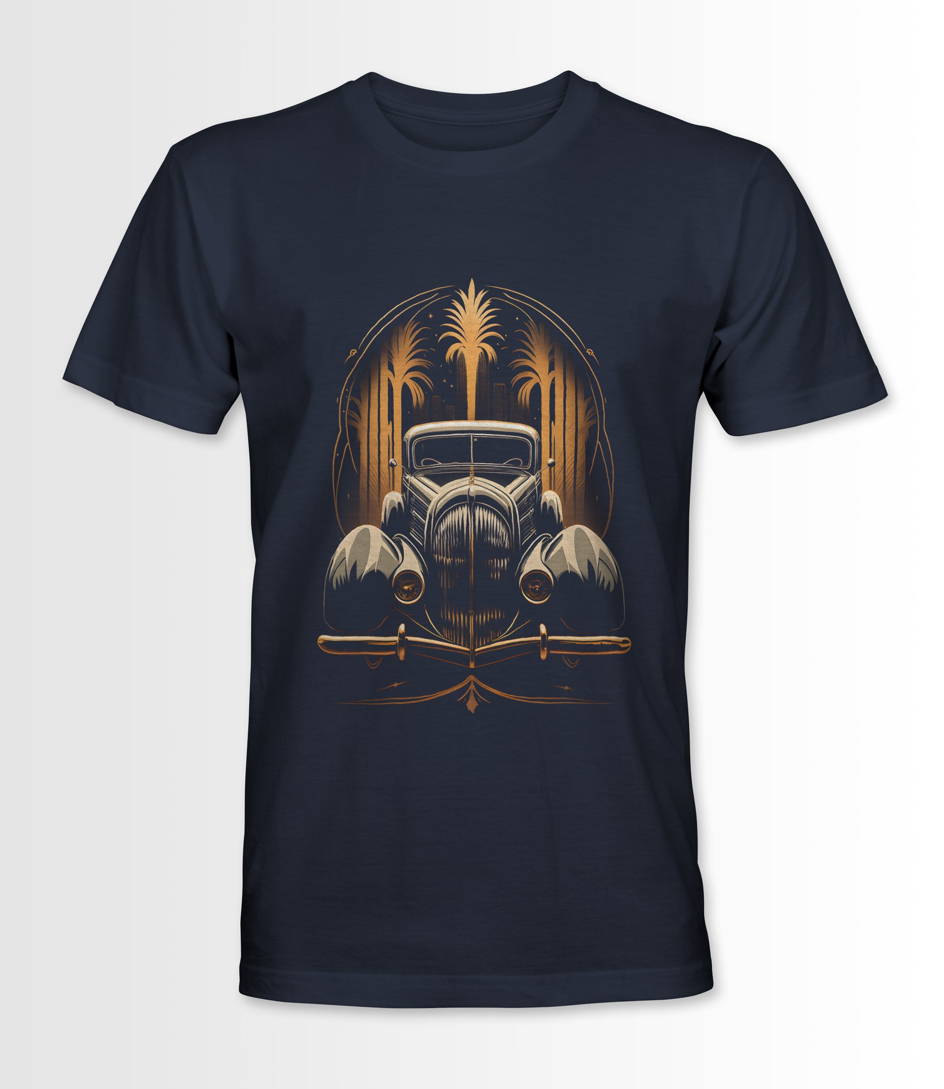 Navy t-shirt featuring an Art Deco style vintage car design.