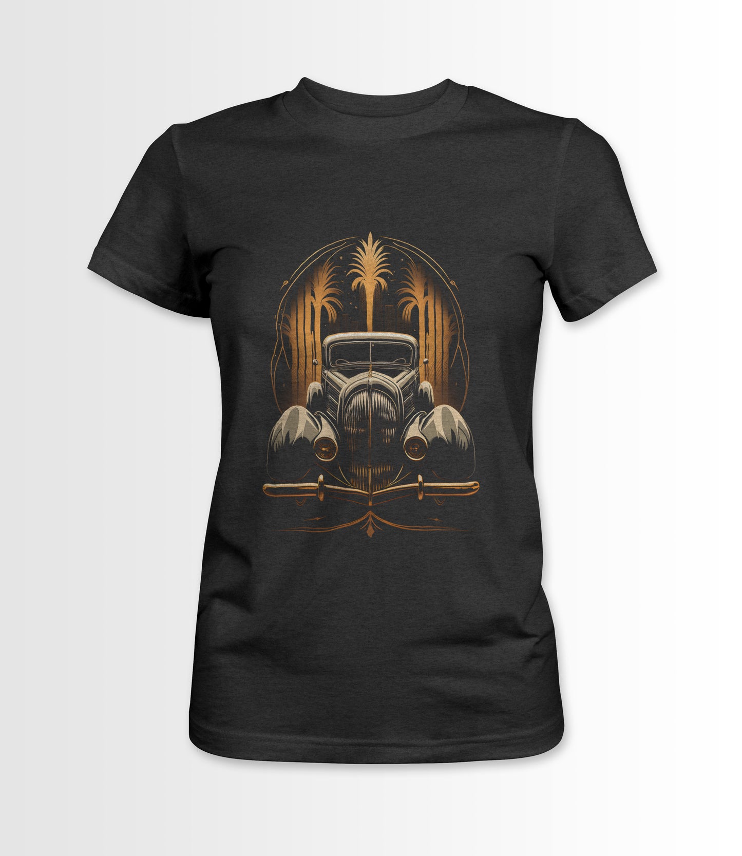 Dark Grey women's t-shirt featuring an Art Deco style vintage car design.