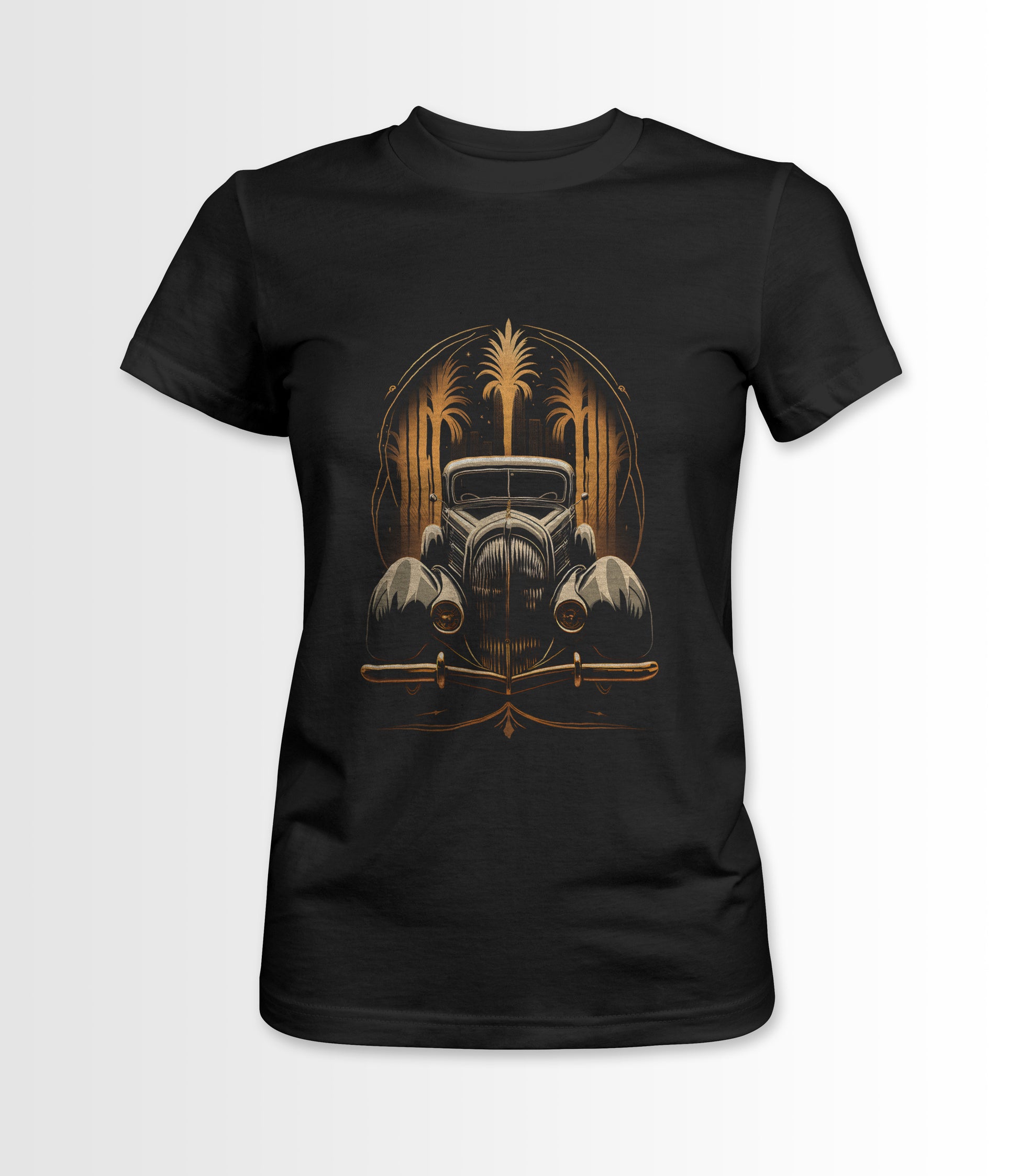 Black women's t-shirt featuring an Art Deco style vintage car design.
