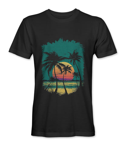 Black t-shirt featuring a retro beach sunset design