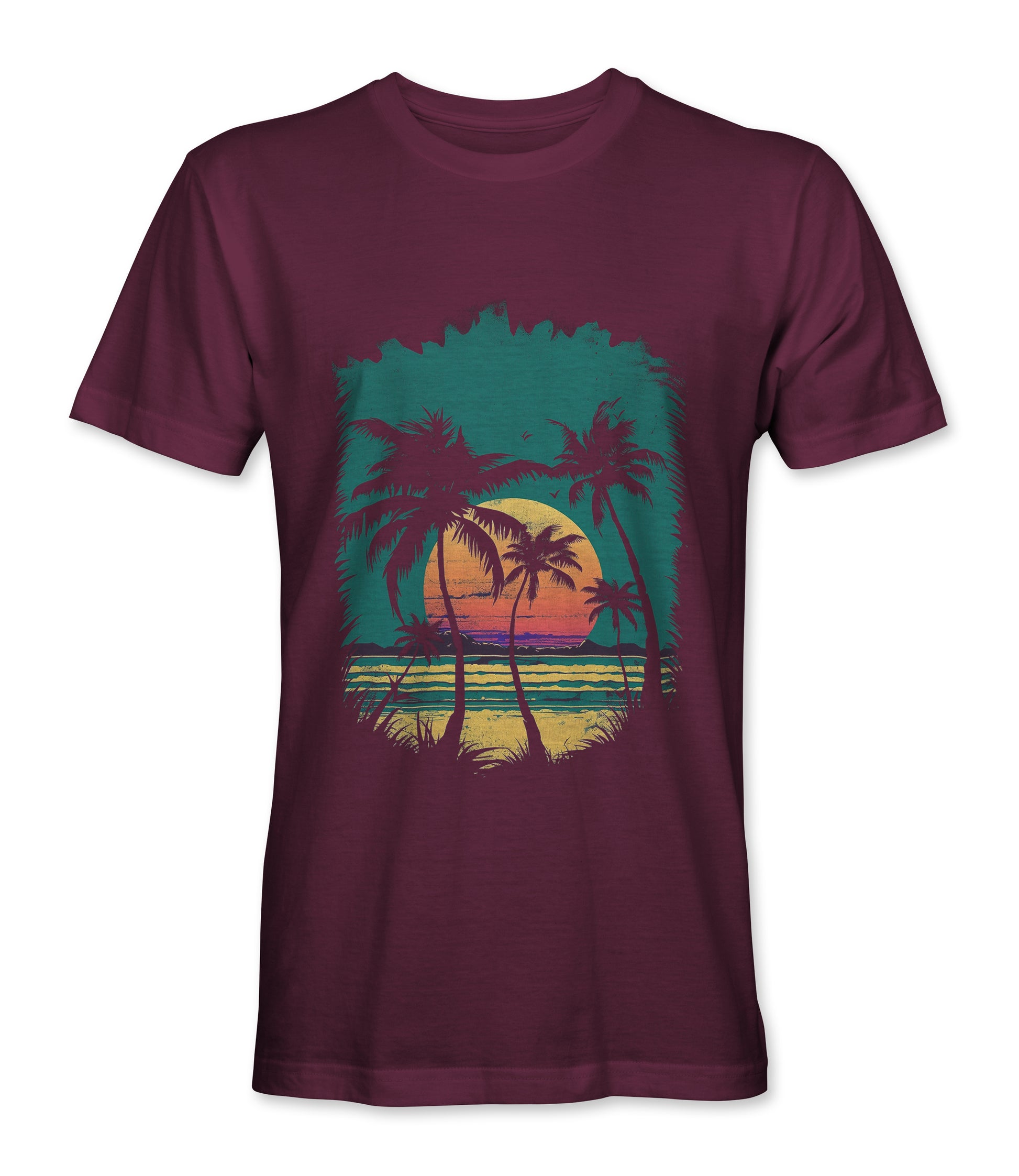 Burgundy t-shirt featuring a retro beach sunset design