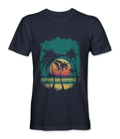 Navy t-shirt featuring a retro beach sunset design