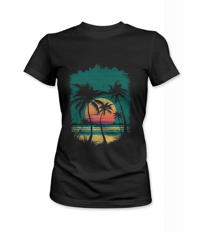 Black Women's t-shirt featuring a retro beach sunset design