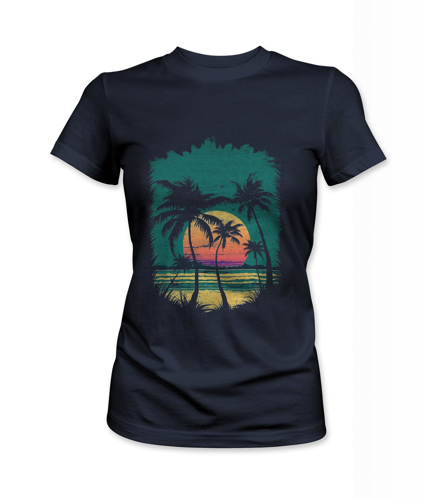 Navy Women's t-shirt featuring a retro beach sunset design