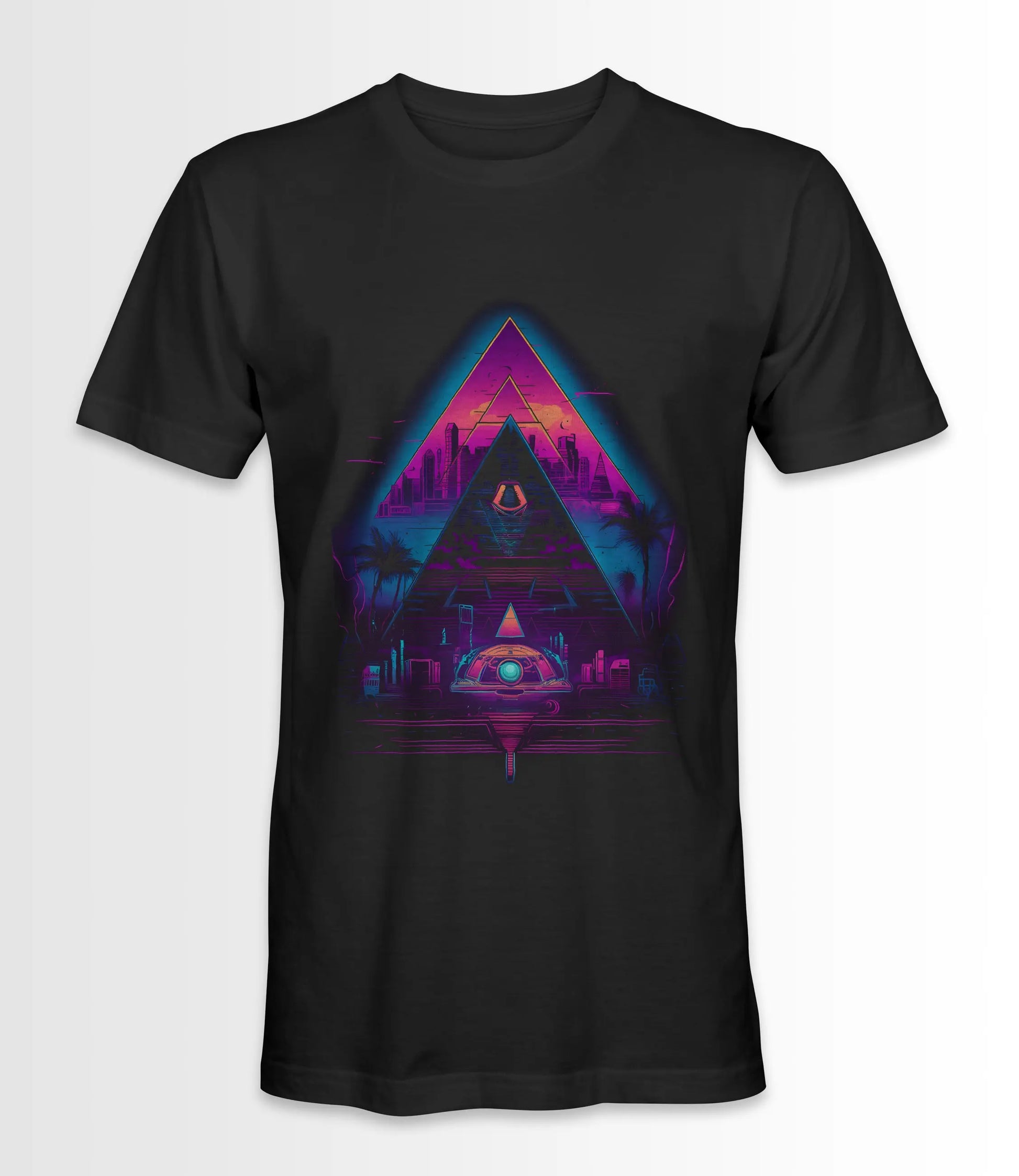 Black t-shirt featuring a Synthwave Pyramid design