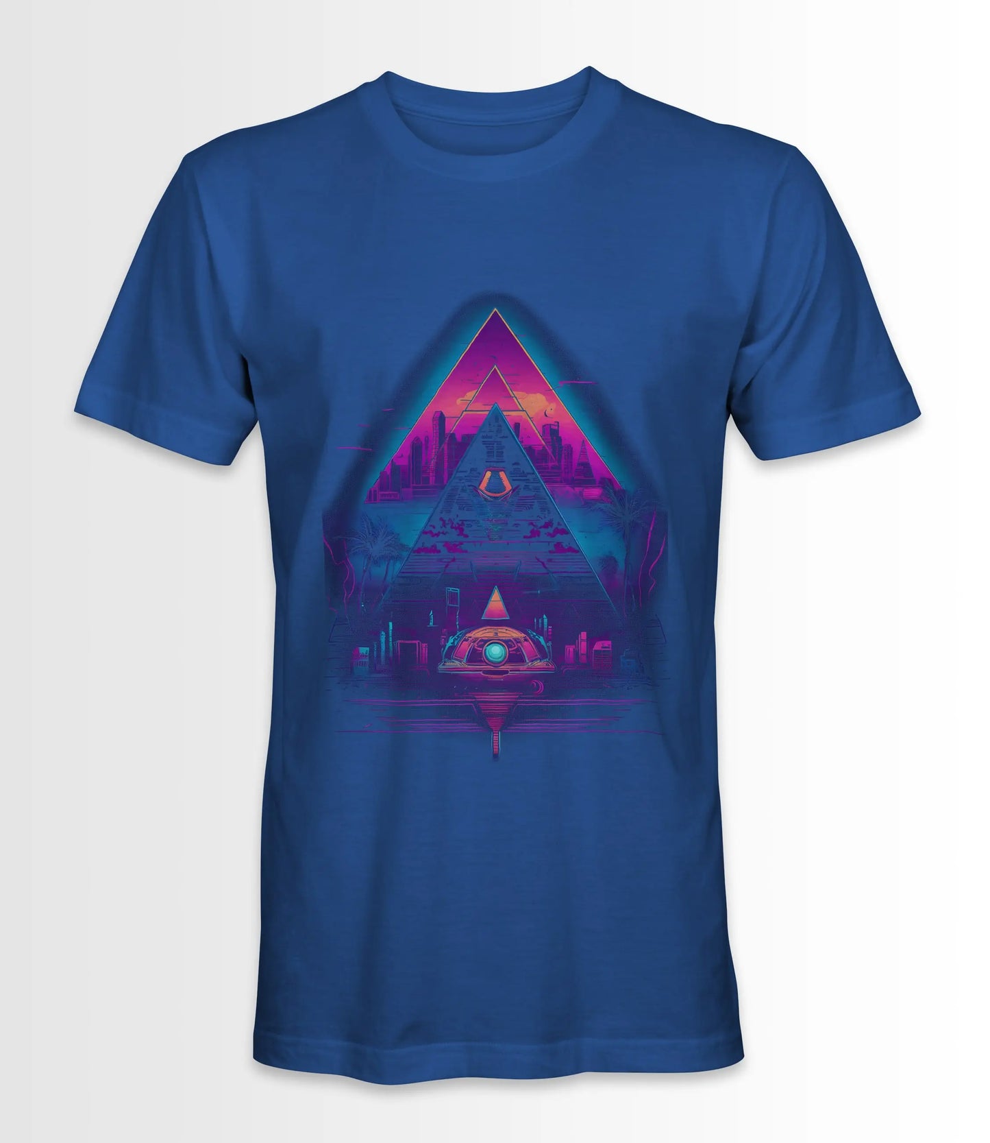 Blue t-shirt featuring a Synthwave Pyramid design