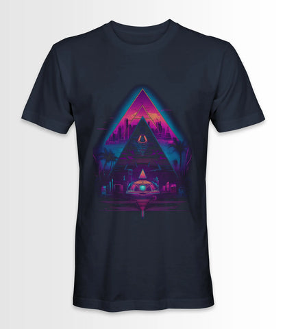 Navy t-shirt featuring a Synthwave Pyramid design