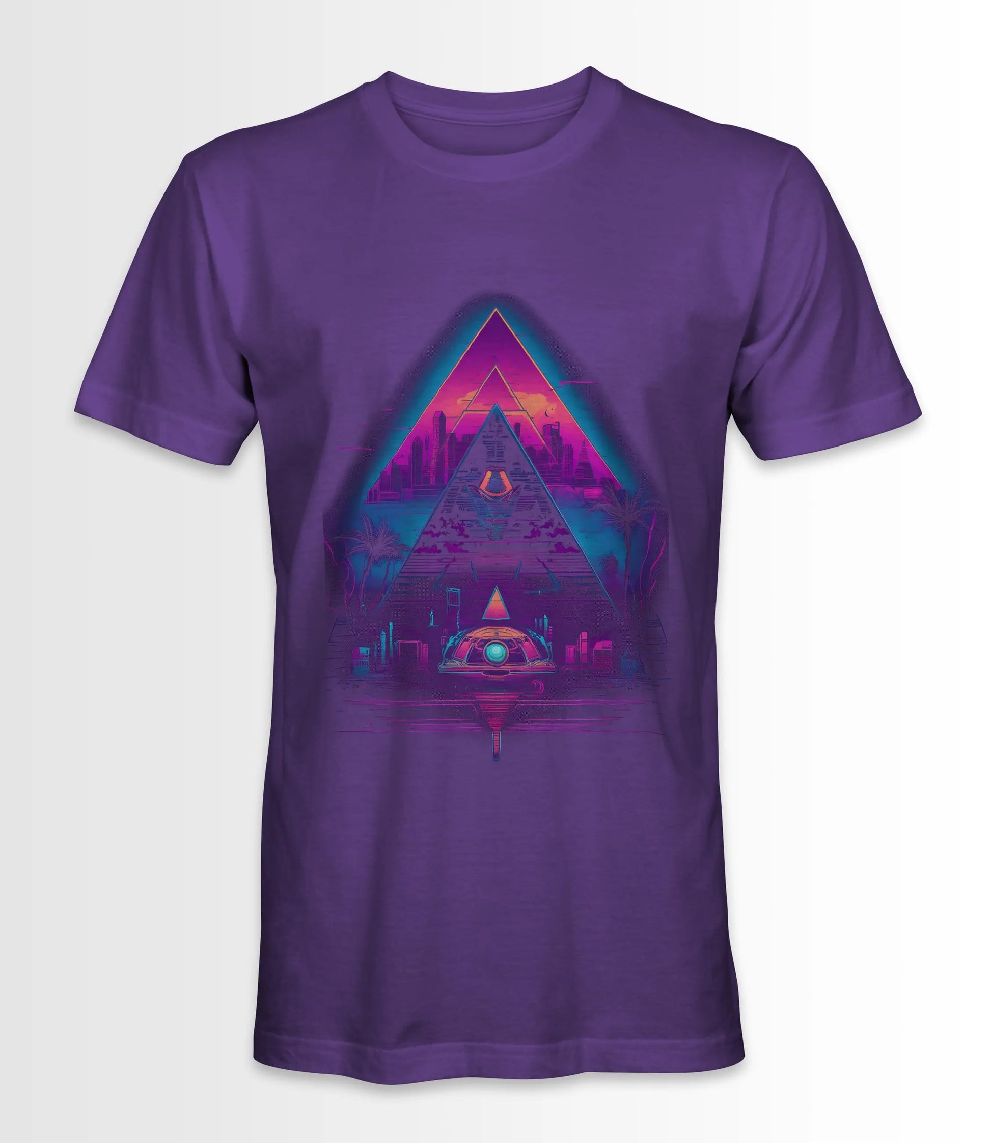 Purple t-shirt featuring a Synthwave Pyramid design