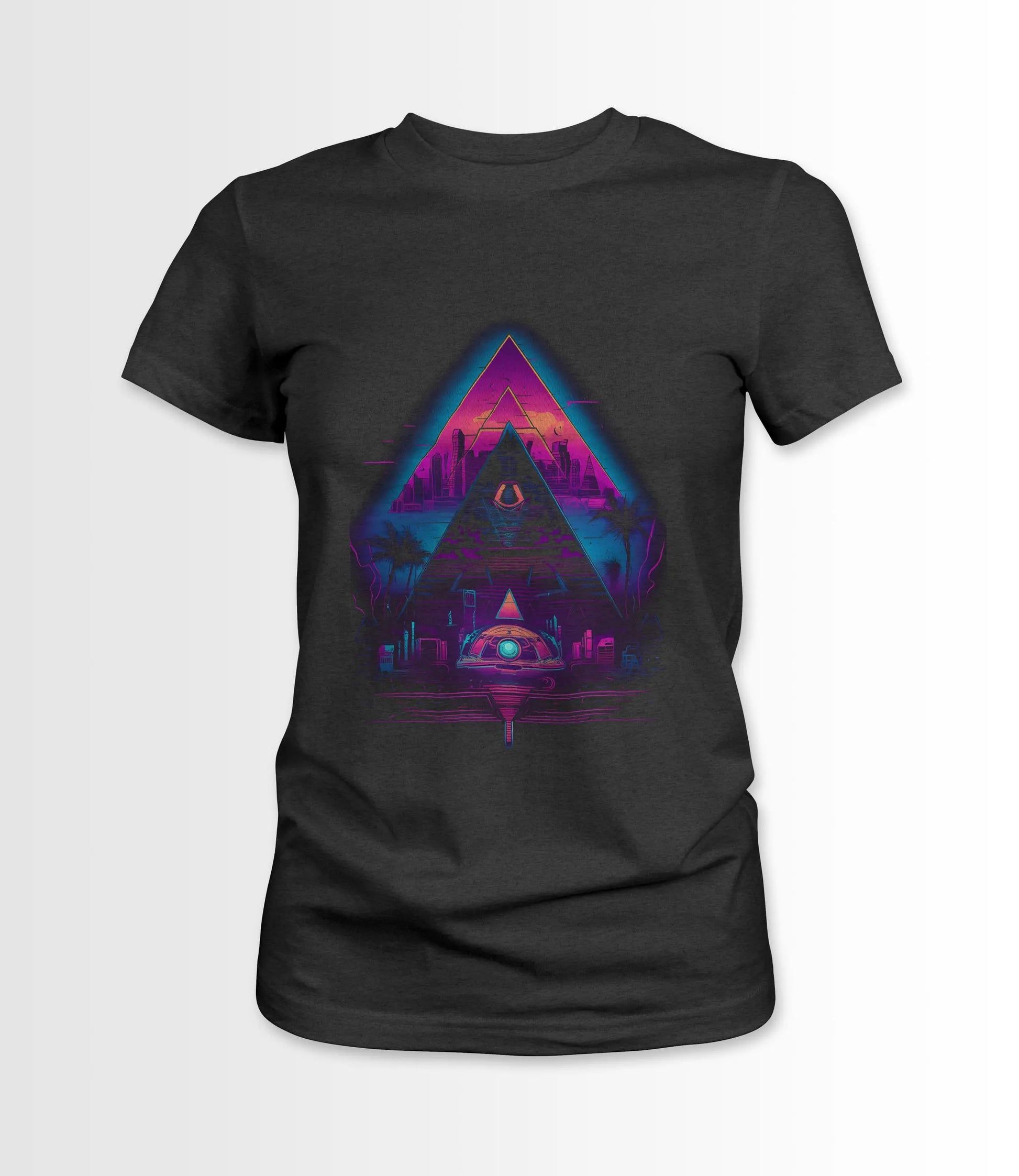 Dark Grey Women's t-shirt featuring a Synthwave Pyramid design