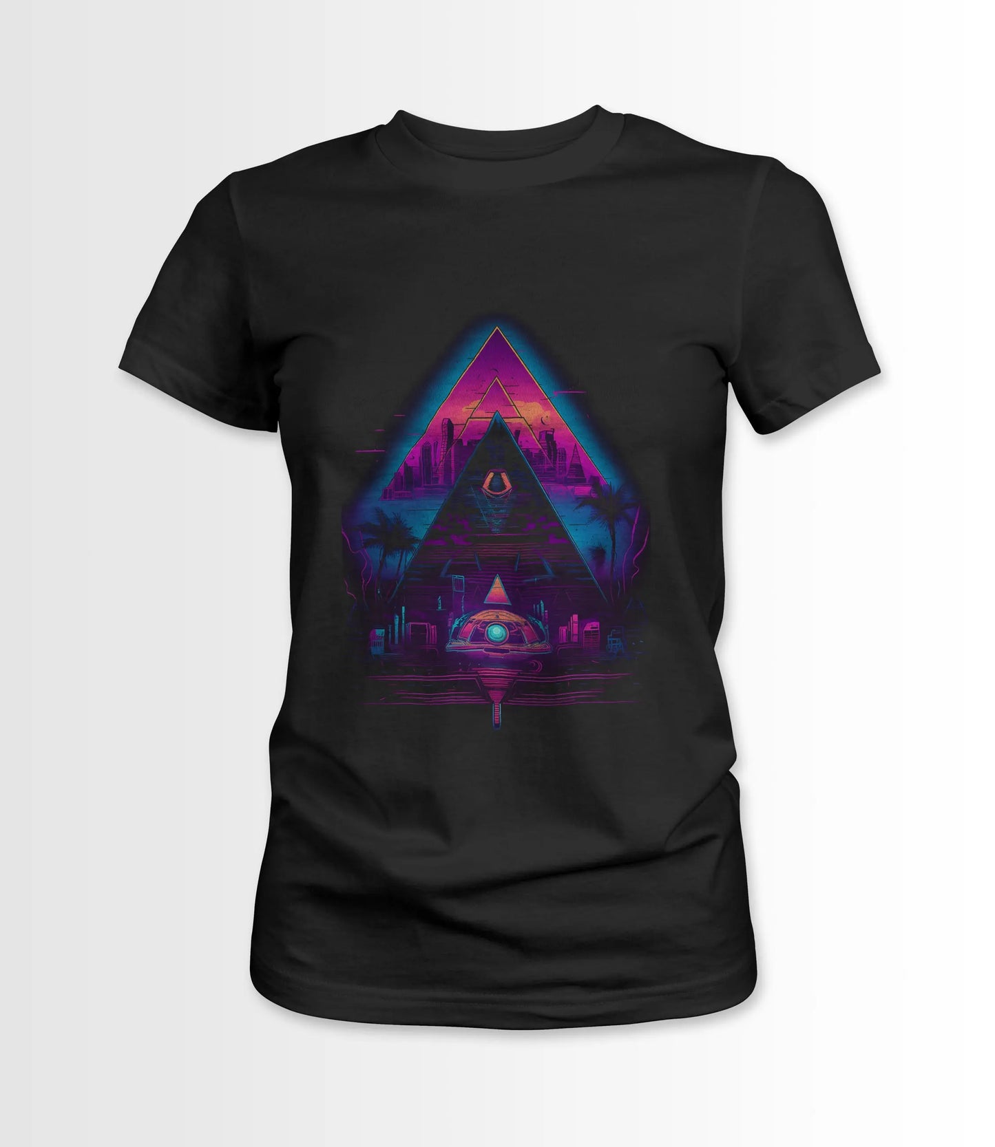 Black Women's t-shirt featuring a Synthwave Pyramid design