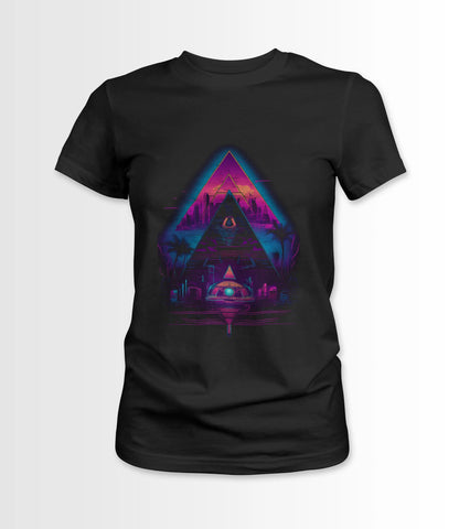 Black Women's t-shirt featuring a Synthwave Pyramid design