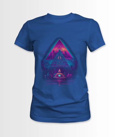 Blue Women's t-shirt featuring a Synthwave Pyramid design