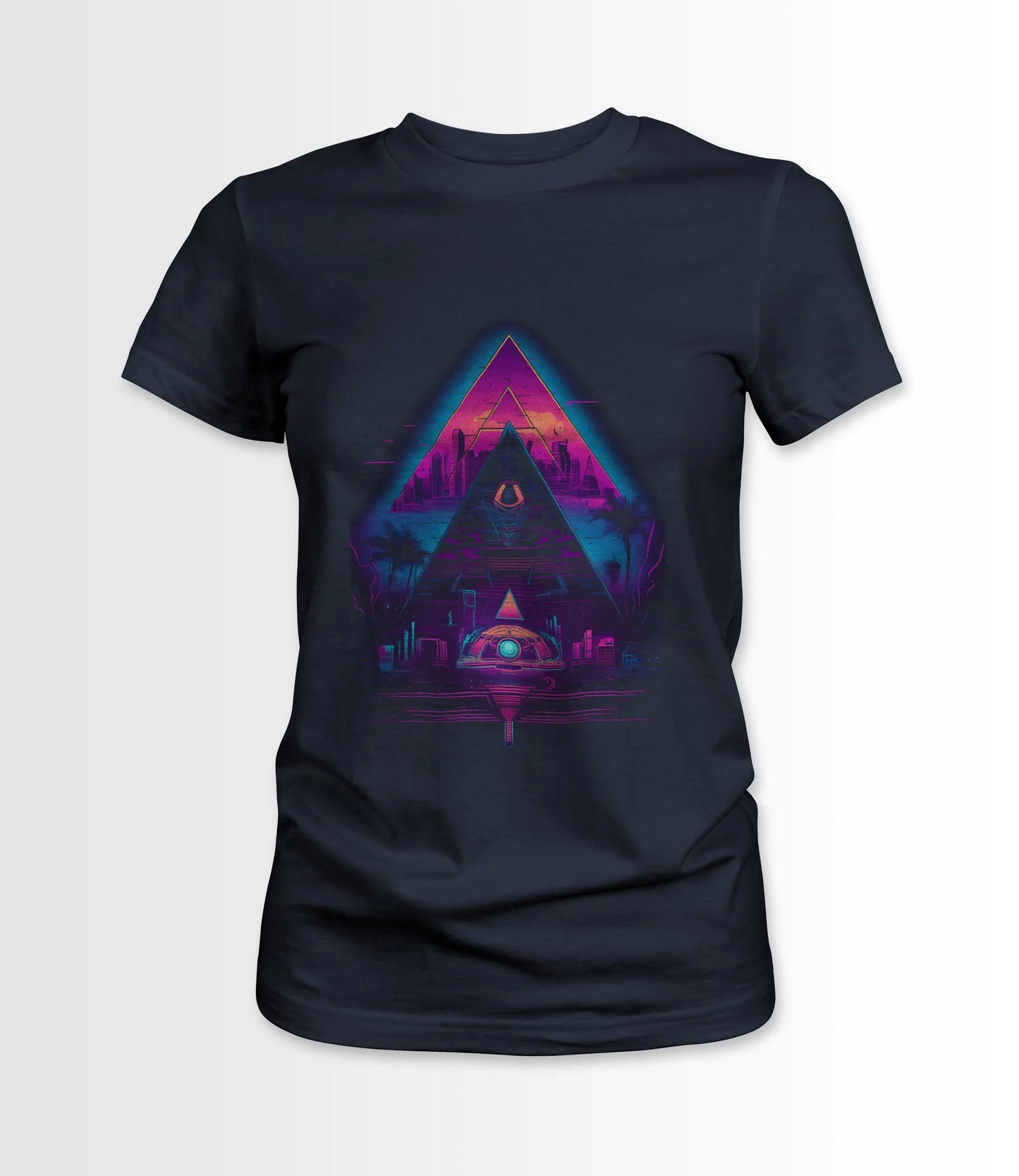 Navy Women's t-shirt featuring a Synthwave Pyramid design