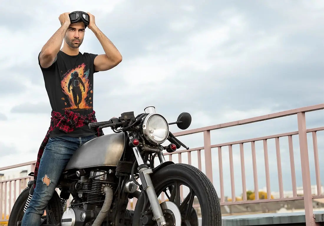 Man on a cafe racer motorcycle wearing astronaut t-shirt